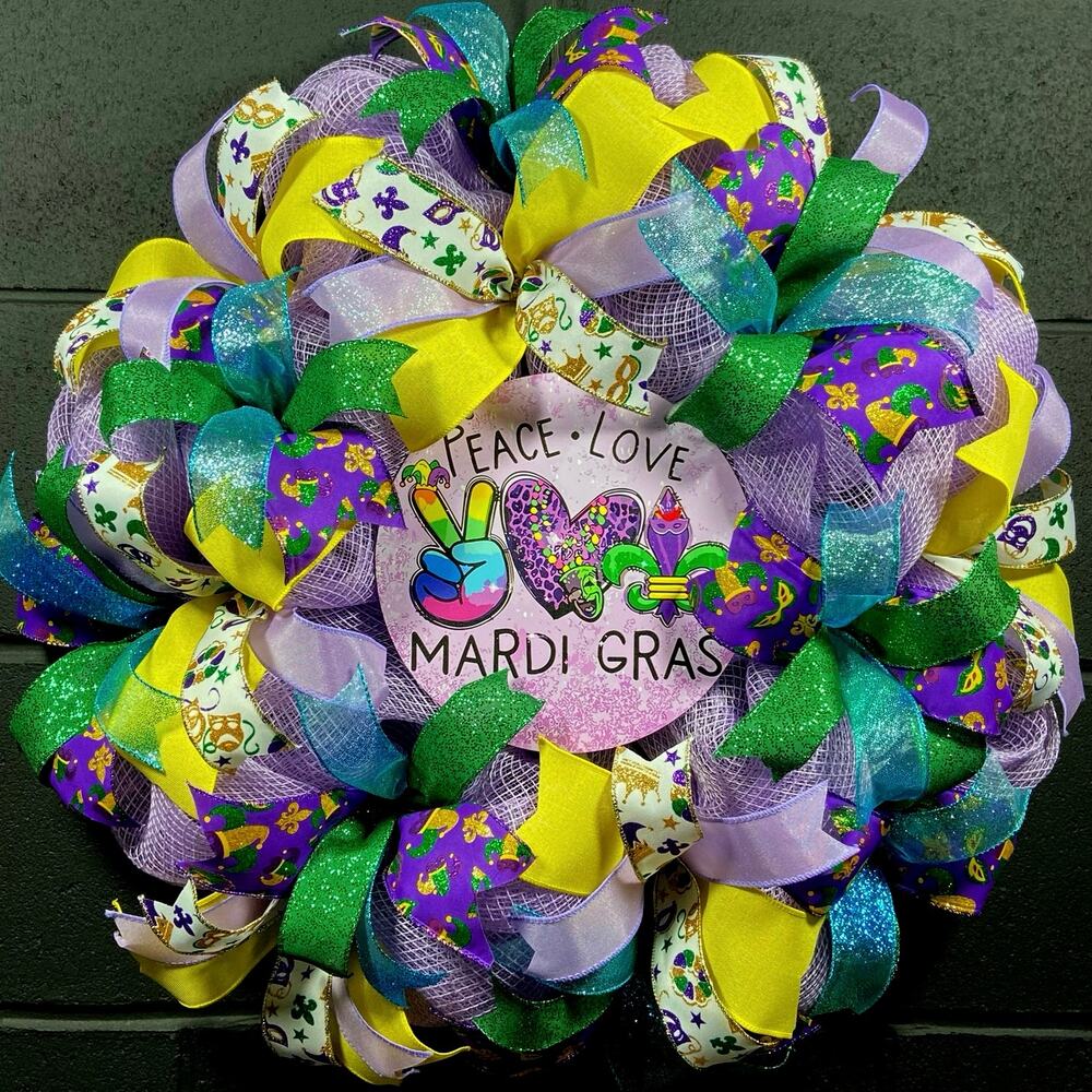 Large Mardi Gras Wreath Handmade 24 Inch Deco Mesh Front Door Decor